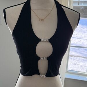 Black Halter Top with Rhinestone Accents
